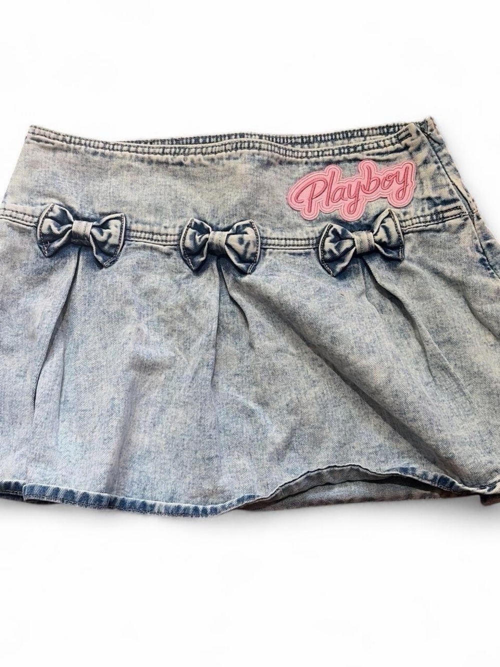 Playboy Denim Mini Skirt with Bow Accents - Light Blue